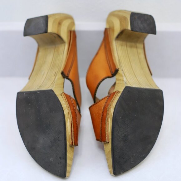 Vintage John Fluevog Orange Leather Wooden Platform Heels Slide Sandals - Picture 4 of 4